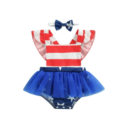 

TheFound Newborn Infant Baby Girl 4th of July Romper America Flag Print Sleeveless Halter Independence Jumpeuit Outfits