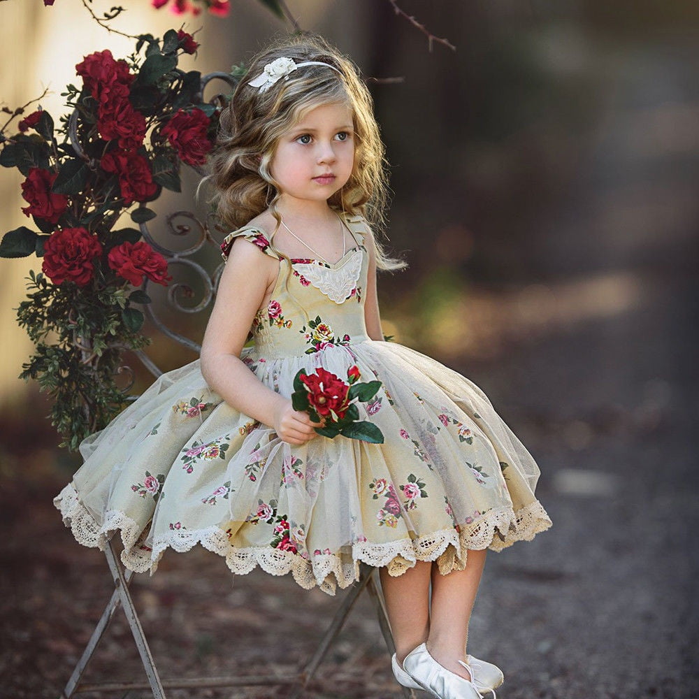 Flower Kids Girls Princess Backless Dress Bowknot Floral Skirt Party Dress 1-5Y 