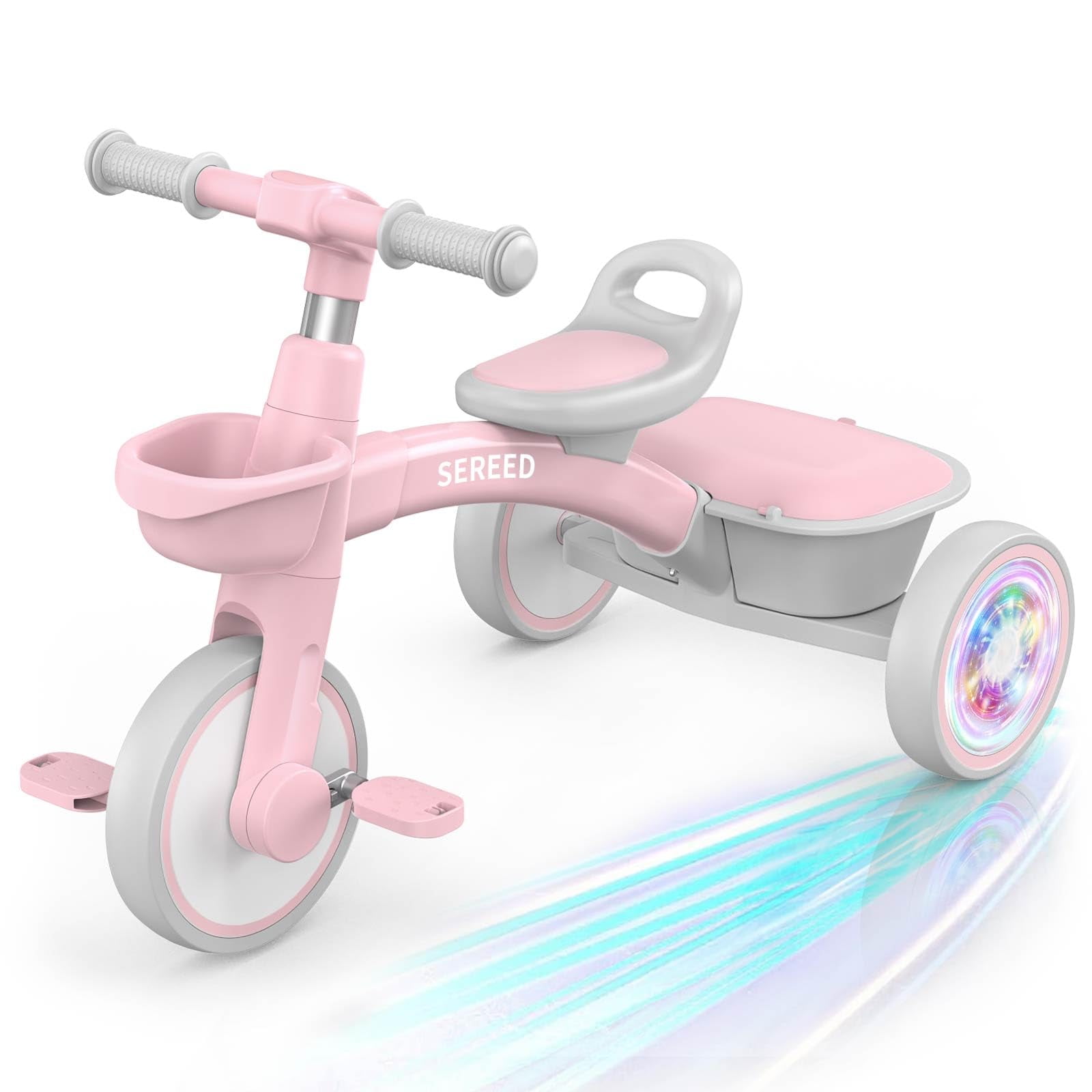 SEREED Colorful Lighting Toddler Tricycle for 2 5 Years Old Boys Girls Adjustable Seat Handlebar Trike Removable Basket Birthday Gift Idea for Kids