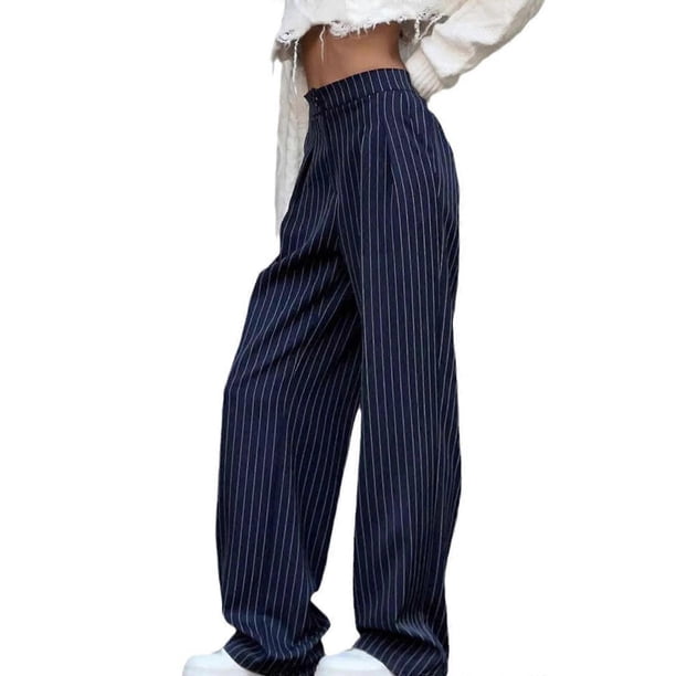 Women's Wide Leg Pants High Waist Business Work Trousers Fashion Stripe Long Straight Leg Suit Pants for Summer Spring Gray XL