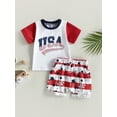 thumbnail image 2 of Bagilaanoe 4th of July Clothes for Toddler Baby Boys Short Sleeve Letter Print T-Shirt Tops + Stars Stripe Shorts 6M 12M 18M 24M 3T Kids Independence Day Outfits 2pcs Short Pants Set, 2 of 9