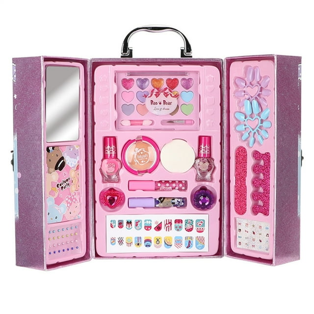 Caja de cosméticos portátil para niños, Kit de maquillaje lavable realista para niños, juego de juguete de maquillaje de belleza para niñas, regalo