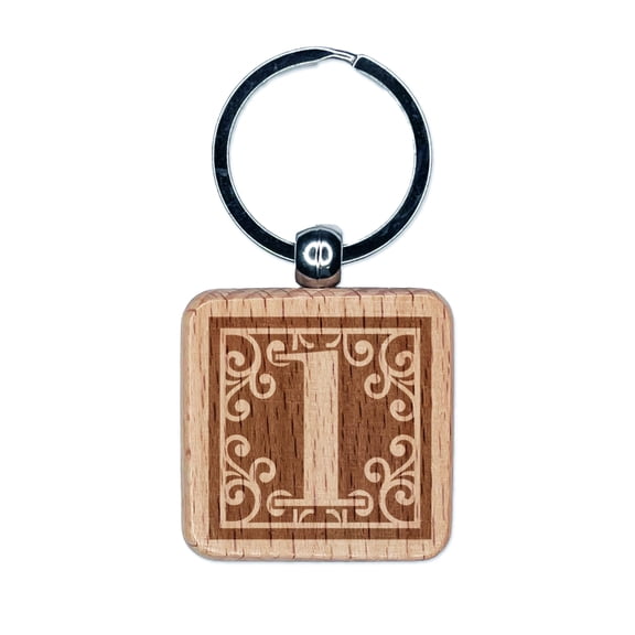 Monogram Swirls Number 1 One Square Keychain Charm Tag - Engraved Wood
