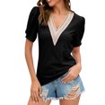 thumbnail image 1 of Gibobby Blusas Casual Camisetas de manga corta para mujer, blusas casuales sólidas con cuello en V y encaje a la moda（Negro， M), 1 of 5