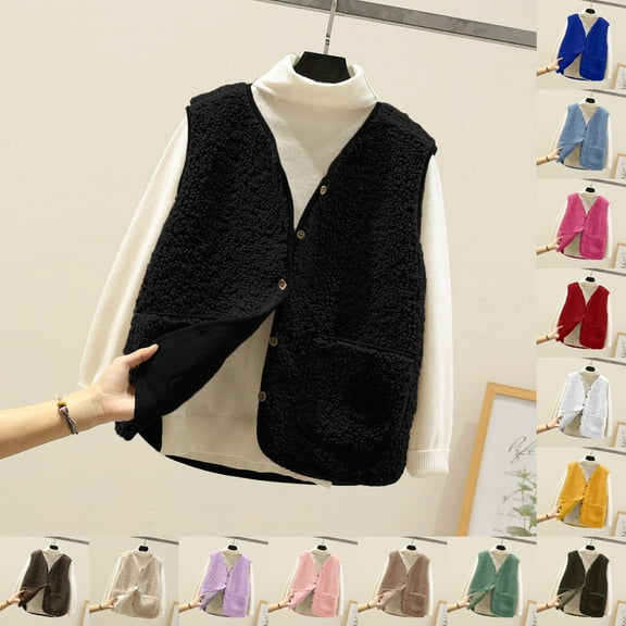 Zedker Women'S Lambskin Vests, Short V-Neck Loose Sleeveless Coats, Winter Thickened Warm Knitted Jackets, Casual Outerwear with Pockets,Black,L