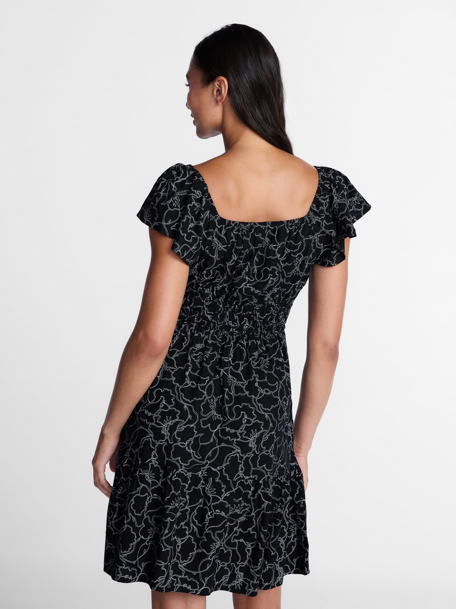 Time and Tru Women's Tie Waist Mini Dress with Flutter Sleeves, Sizes XS-XXXL