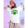 thumbnail image 1 of Lucky" T-Shirt Décontracté Imprimé Trèfle pour la Saint-Patrick - Polyester Doux, Col Rond, Manches Courtes, Lavable en Machine, Rose avec Design Trèfle à Quatre Feuilles Vert, Idéal pour les Festivités de Printemps et d'Été, 1 of 7