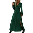 thumbnail image 2 of Women Deep V Neck Long Sleeve Slit 2025 Fall Elegant Formal Wedding Evening Date Prom Maxi Long Dress Dark Green M, 2 of 9