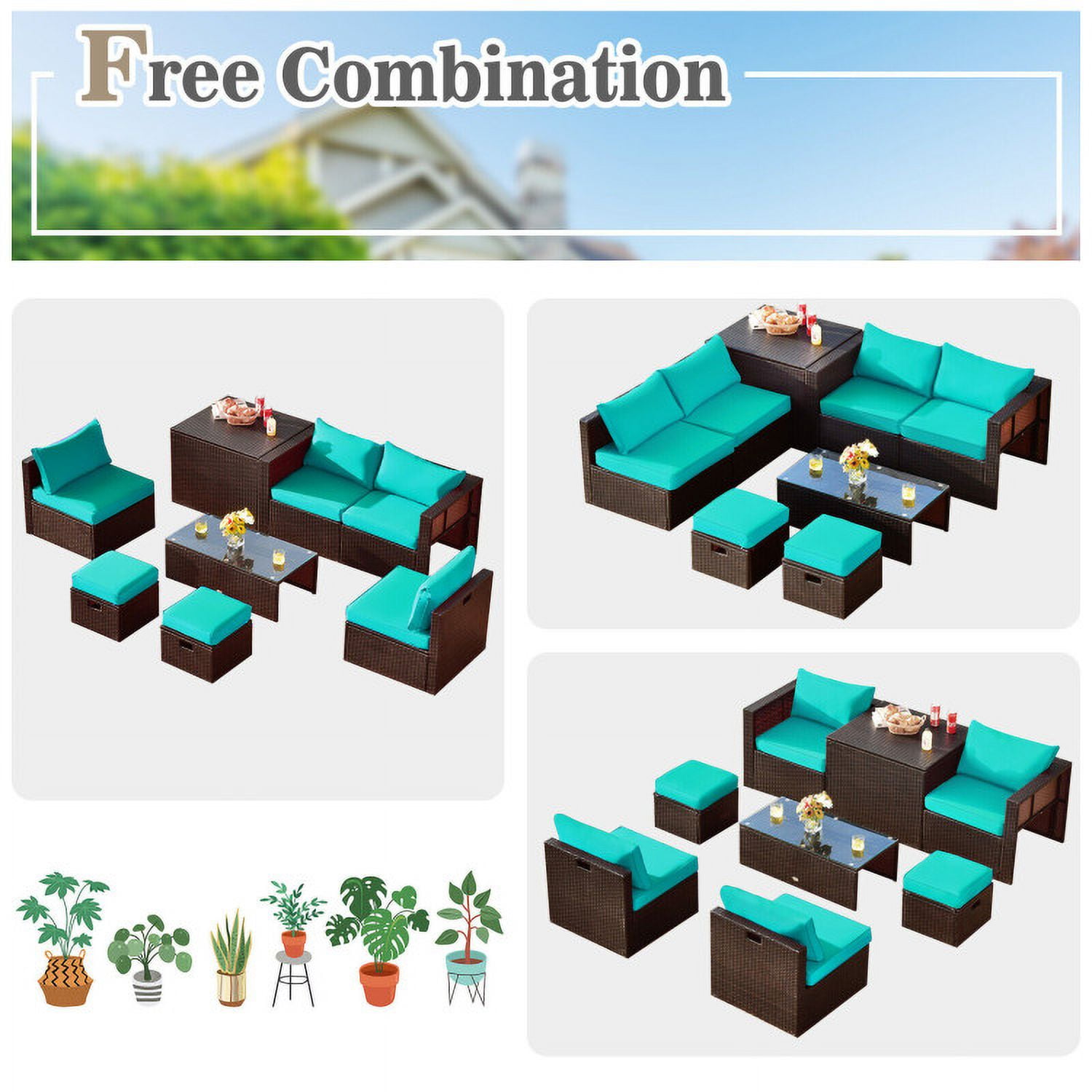 Aimee Lii 8 Pieces Patio Space-Saving Rattan Furniture Set with Storage Box and Waterproof Cover, Outdoor Patio Set, Turquoise Aimee Lii 8 Pieces Patio Space-Saving Rattan Furniture Set with Storage Box and Waterproof Cover, Outdoor Patio Set, Turquoise