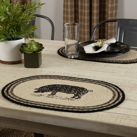 Bleached Jute - Ashton & Willow Bleached White Farmhouse Tabletop Kitchen Miller Farm Charcoal Pig Jute Stenciled Nature Print Oval Placemat Set of 6