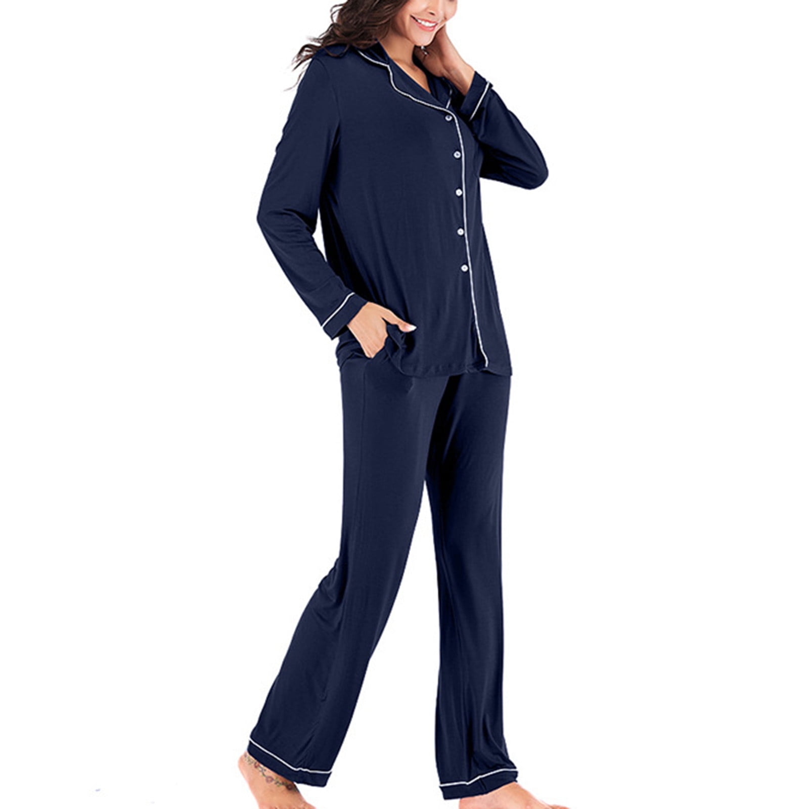 BONIXOOM Pajamas For Women Couples Christmas Pajamas Loungewear None Long Sleeve Sleepwear Sets Solid Navy S