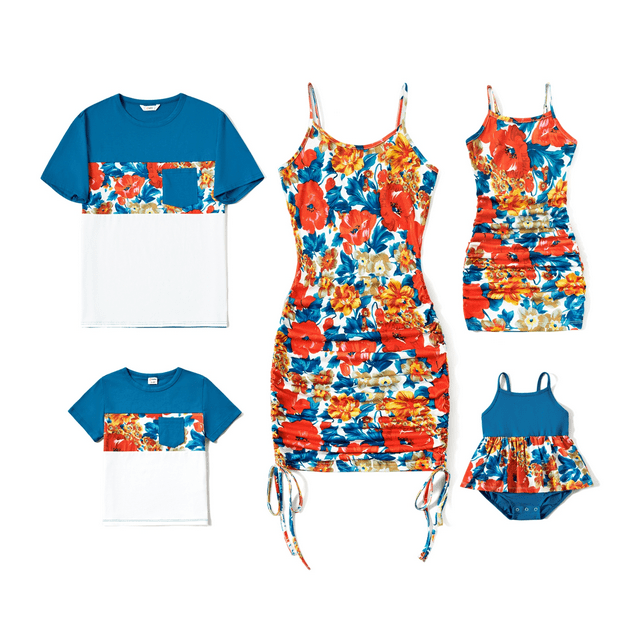 PatPat Family Matching Floral Panel T-Shirt and Ruched Drawstring Side Bodycon Strap Dress Sets