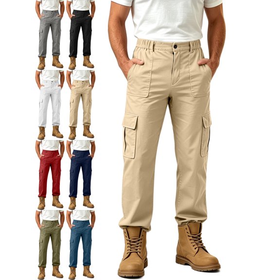 Casual Cargo Pants for Men Elastic Waist Multiple Pockets Cuffed Everyday Outdoor Pants