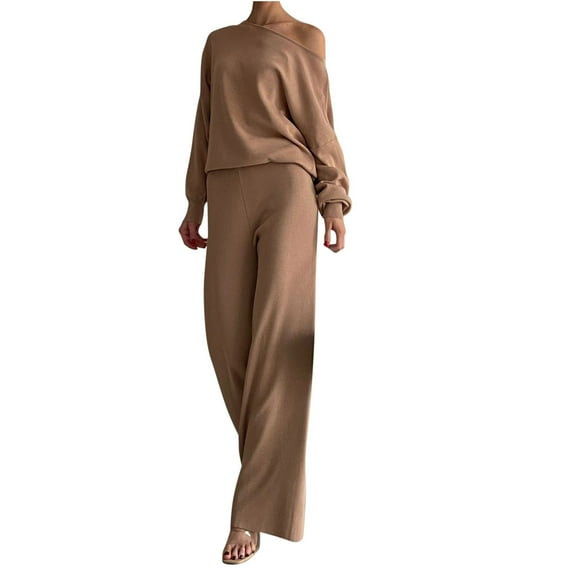 BLVB 2 Piece Knit Sets for Women Trendy off Shoulder Long Sleeve Tops and Wide Leg Pants Sets Fall Winter Outfits