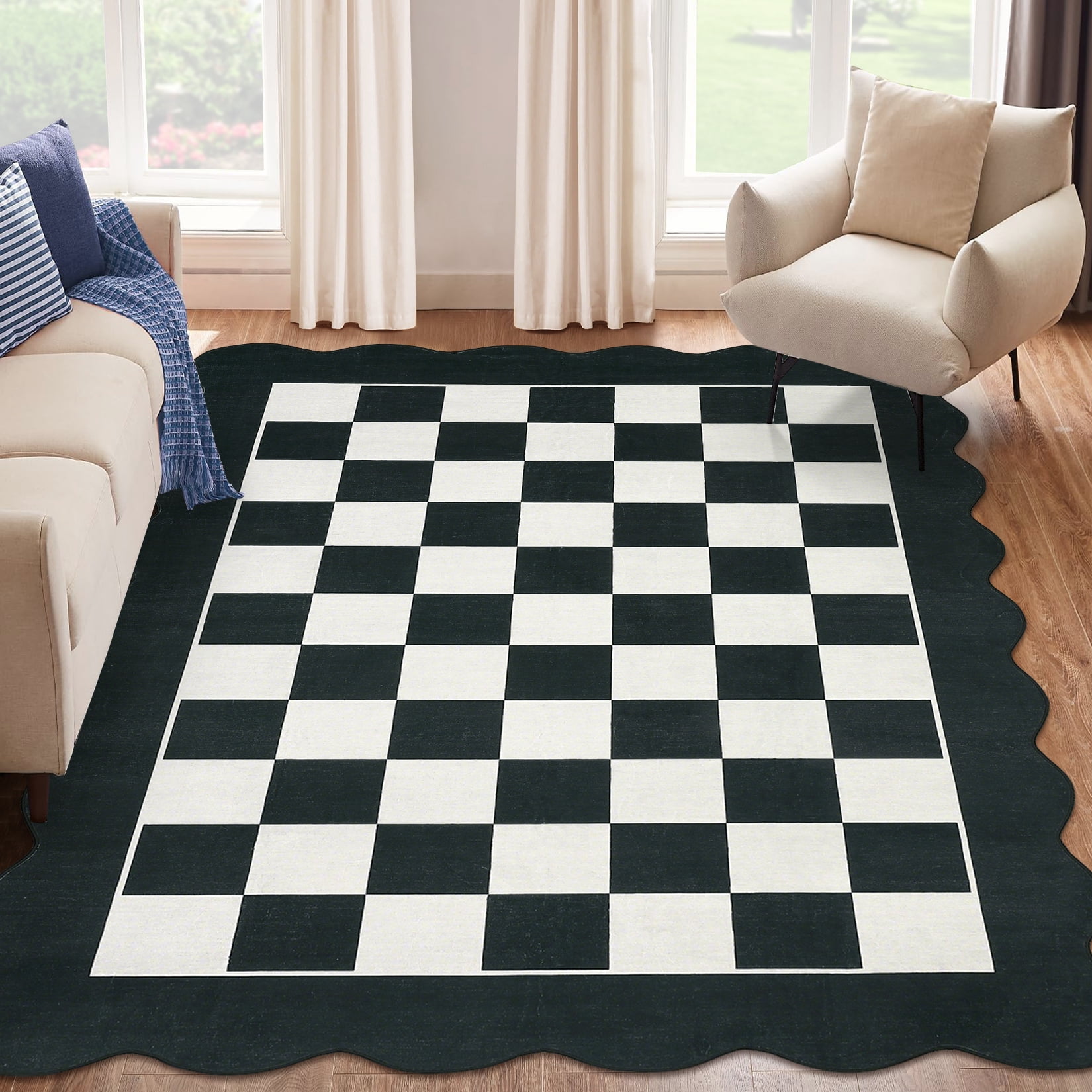 Garvee 9'x12' Scalloped Area Rugs Modern Checkered Carpet, Washable Non-Slip Rug Contemporary Floor Mats for Living Room Bedroom Dining Room, Black White