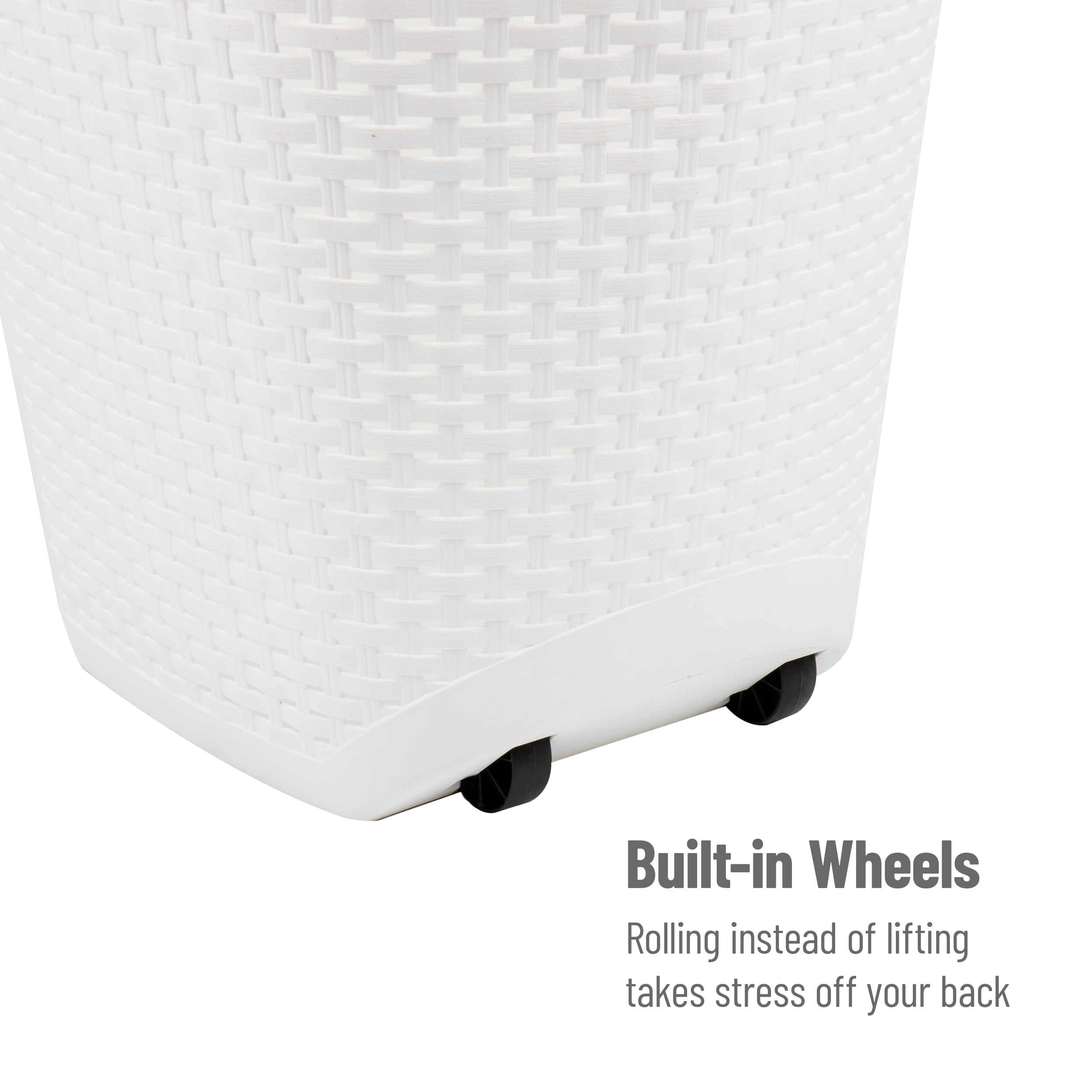 Mind Reader 60L Rolling Laundry Hamper, Clothes Basket, Lid, Wheels, Wicker Style, Plastic, 19.5"L x 14.75"W x 29.25"H, White