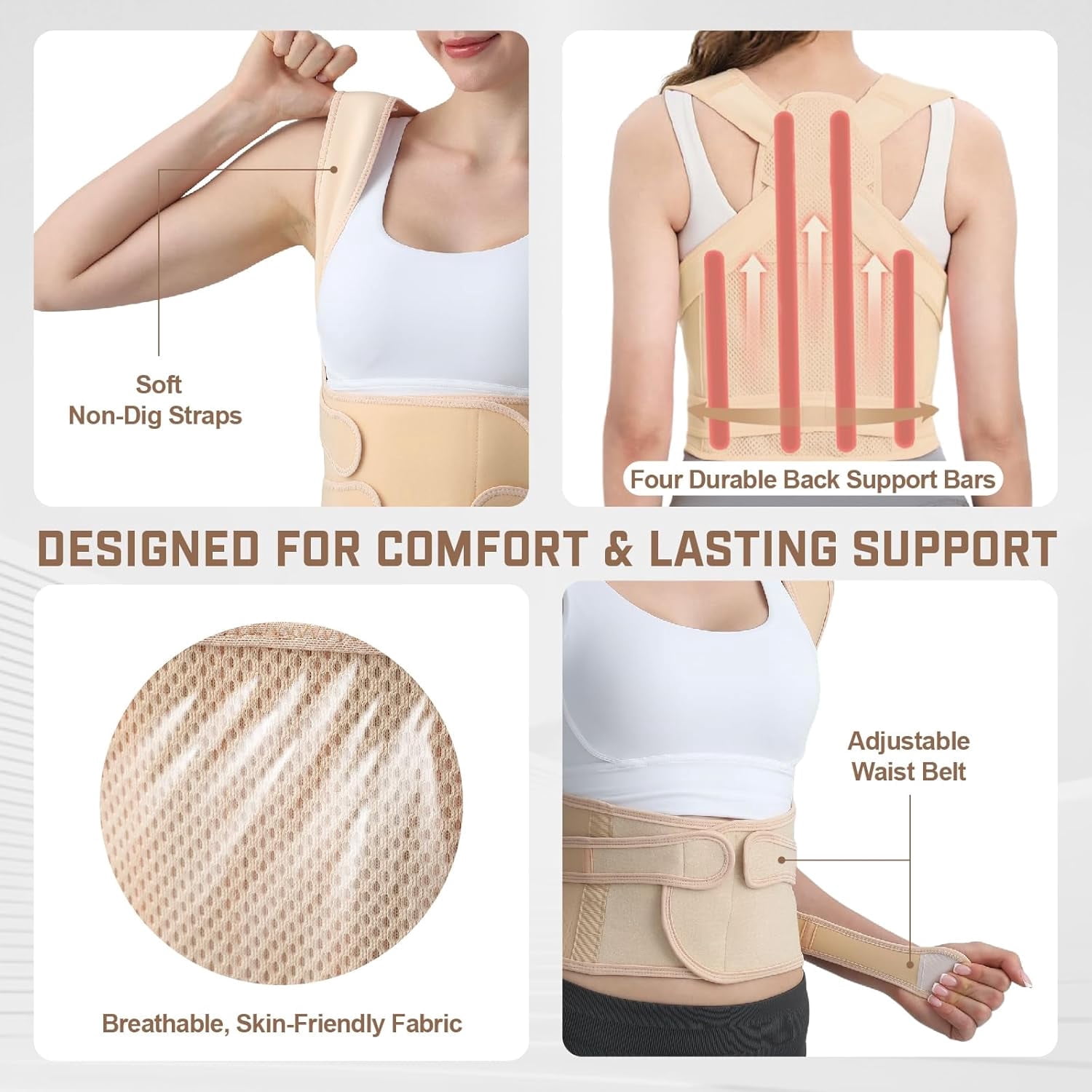 Back Brace Posture Corrector, Shoulder Straightener, Adjustable Full Back Support for Women and Men, Upper and Lower Back Pain Relief - Scoliosis, Spine Corrector, Beige - Medium