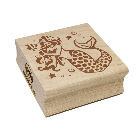 Elegant Mermaid Maiden with Butterfly Fish Square Rubber Stamp Stamping Scrapbooking Crafting - Small 1.25in