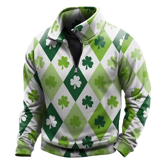 IWRICH Men's St. Patrick's Day Quarter Zip Sweatshirts Long Sleeve Pullover Tees Irish Shamrock Outfits 04-White XL