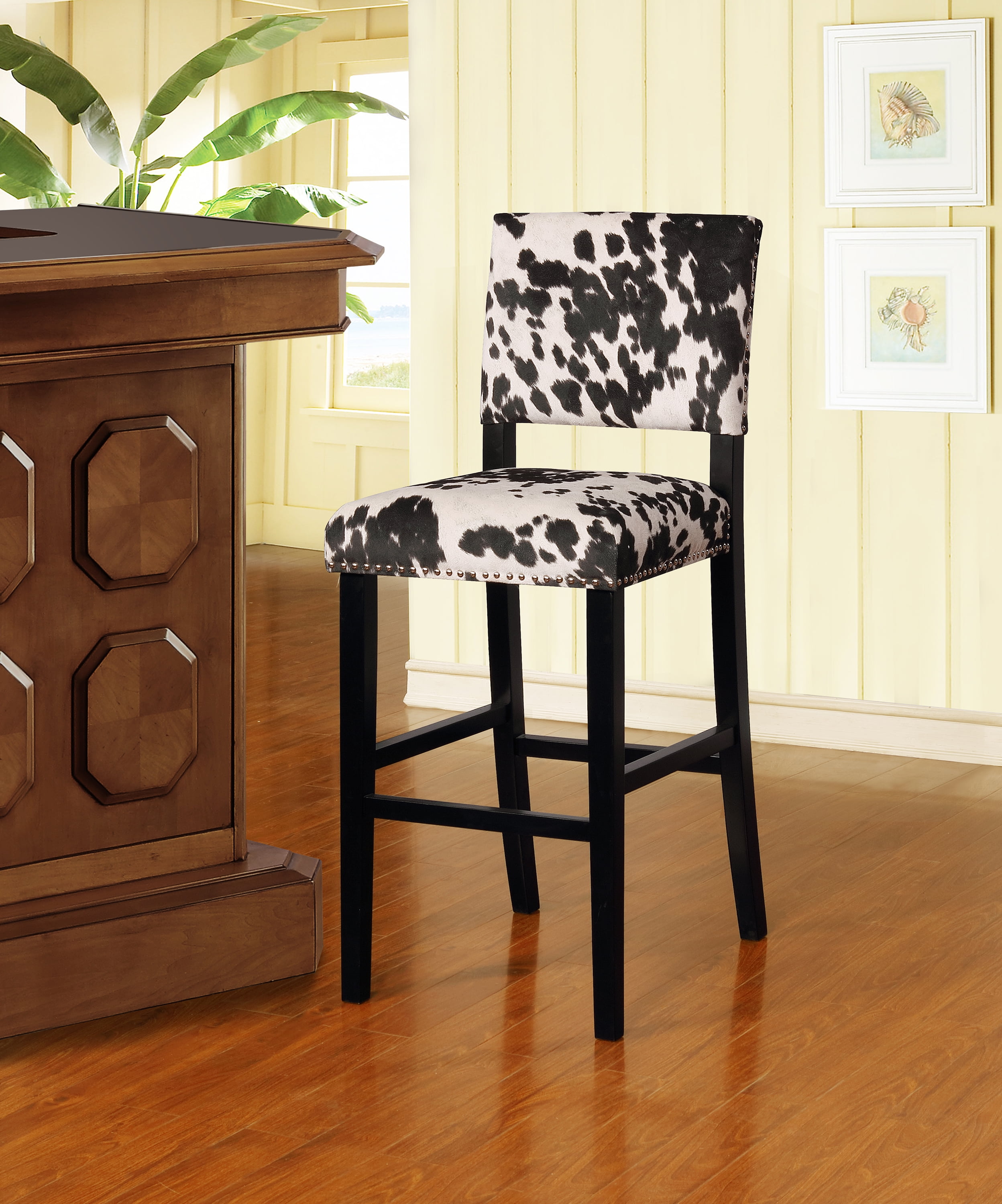 black cow print bar stools