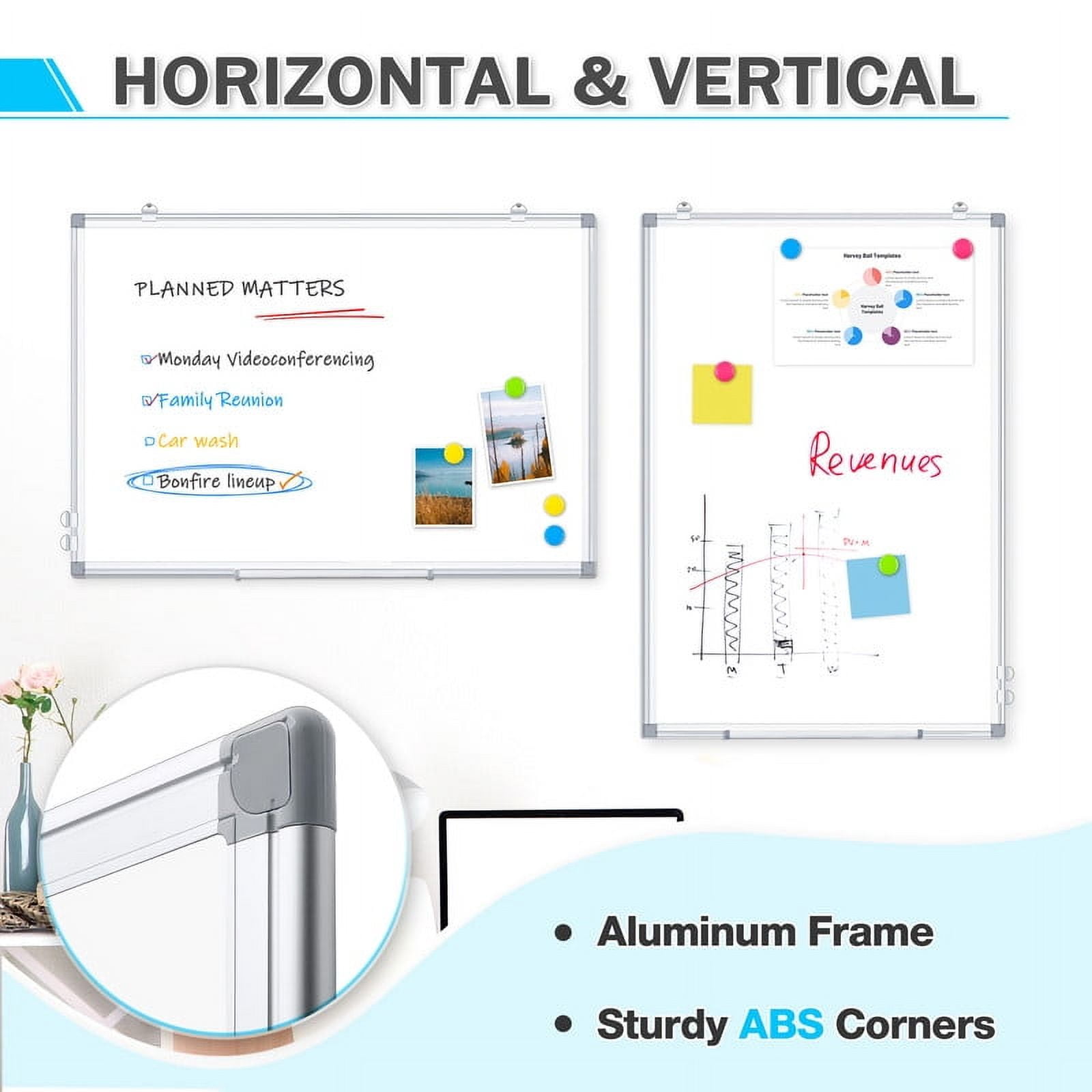 DOLLAR BOSS Magnetic Whiteboard Dry Erase Board 24“x18” Double-Sided Whiteboard for Wall Writing Board for Office Home School , Includes 1 Eraser & 4 Markers & 8 Magnets, Silver Aluminium Frame