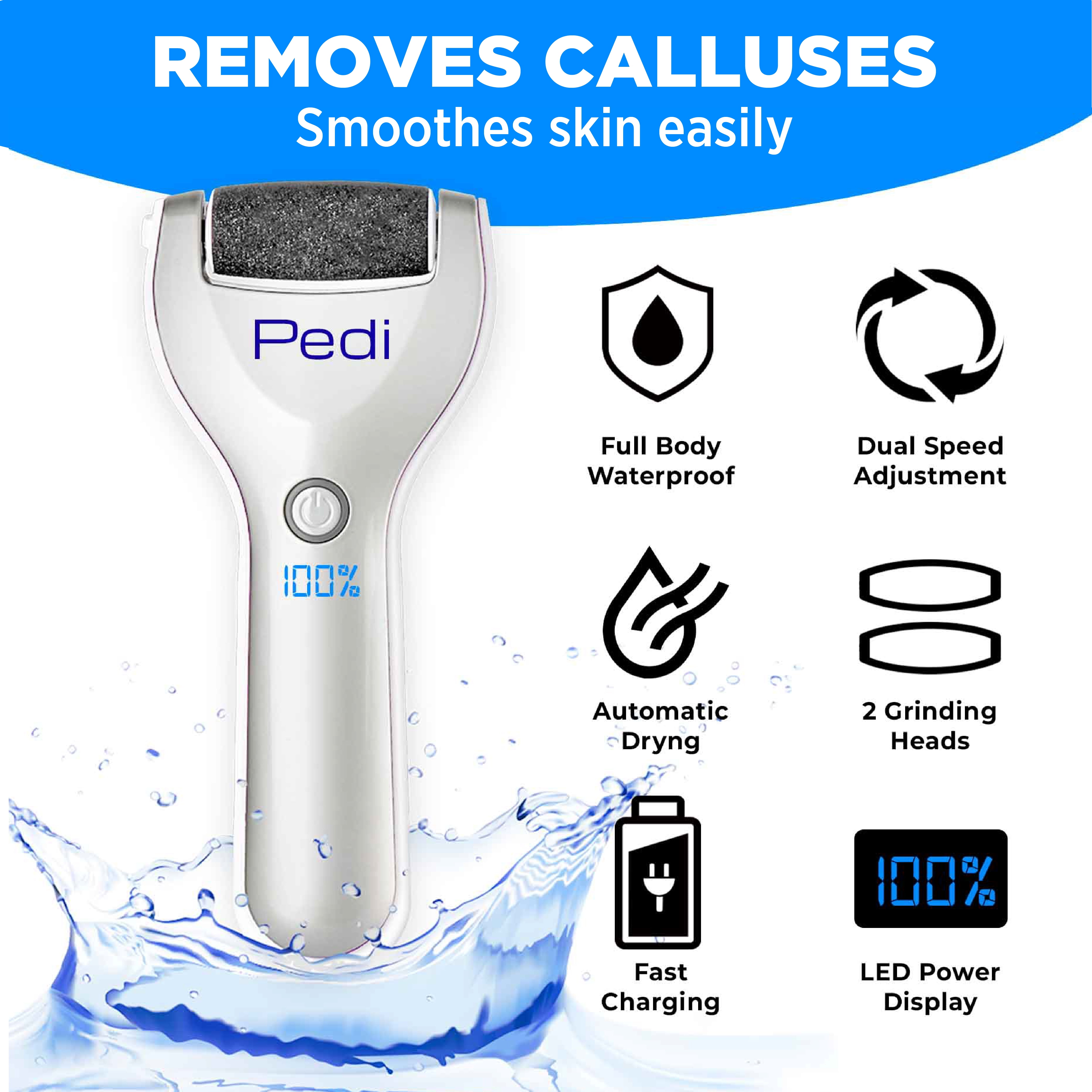 Bell + Howell Personal Pedi Electric Foot Callus Remover for Feet, Exfoliator Pedicure Foot File Scrubber,  Foot Scrubber, Rechargeable Waterproof