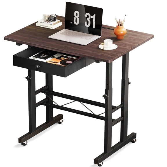 EXRACING Adjustable Standing Desk, 32" Portable Rolling Laptop Table with Wheels, Small Sit-Stand Computer Workstation,Brown