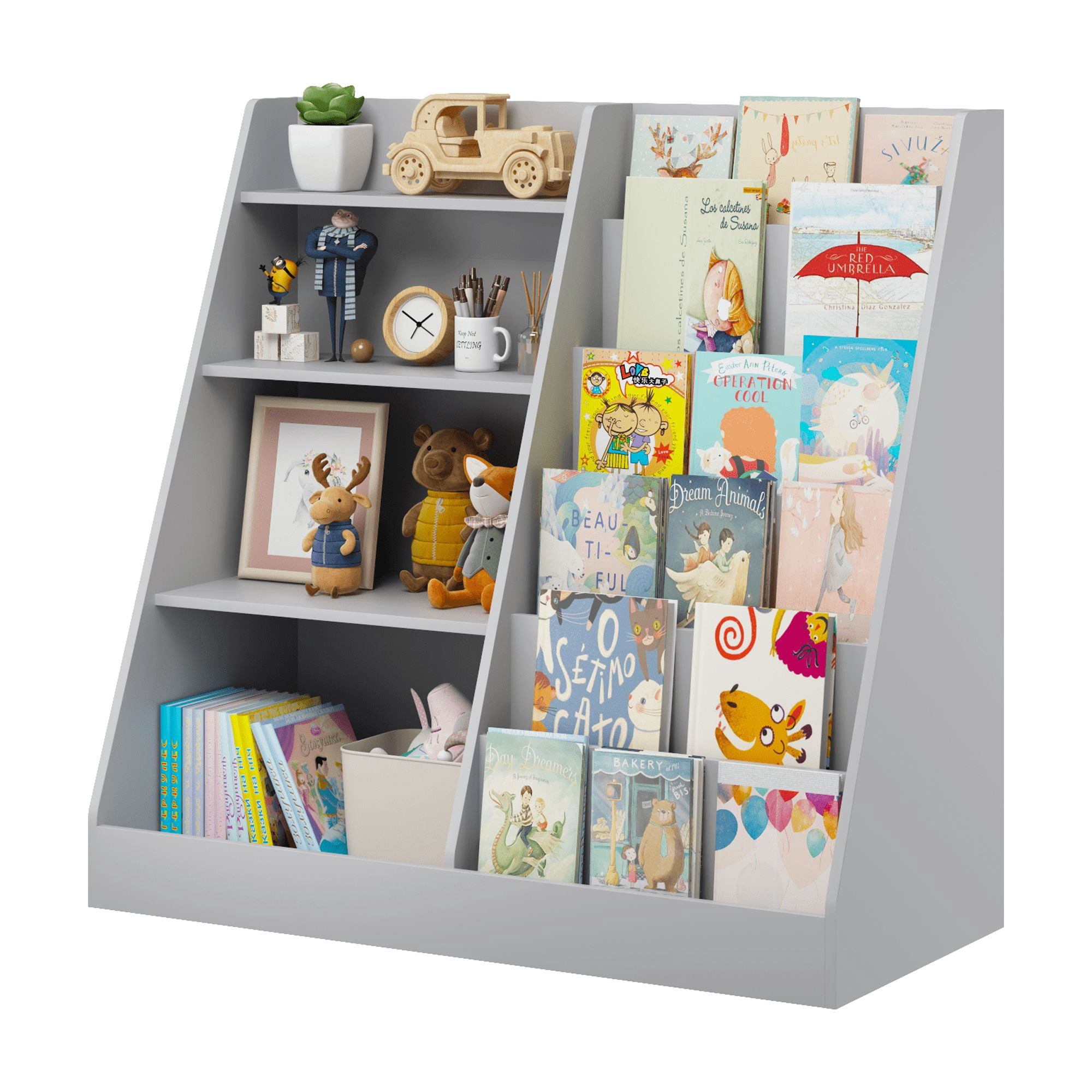 4-Tier Kids Bookshelf and Toy Storage Organizer, Wooden Bookcase Display Stand for Playroom and Nursery, Gray
