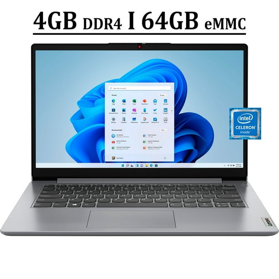 Lenovo Ideapad 1 14 Business Laptop 14" HD Display Intel Core Celeron N4020 Processor 4GB DDR4 64GB eMMC Intel UHD Graphics 600 Dolby Audio HDMI USB-C Webcam Bluetooth Win11 Gray