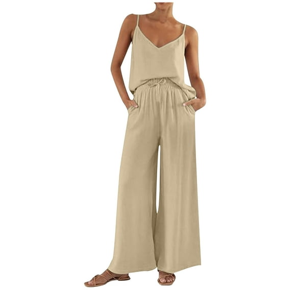 Admvng Summer Outfits For Women V-Neck Solid Color Sleeveless Drawstring Wide Leg Pants Matching Set With Pockets S-2XL