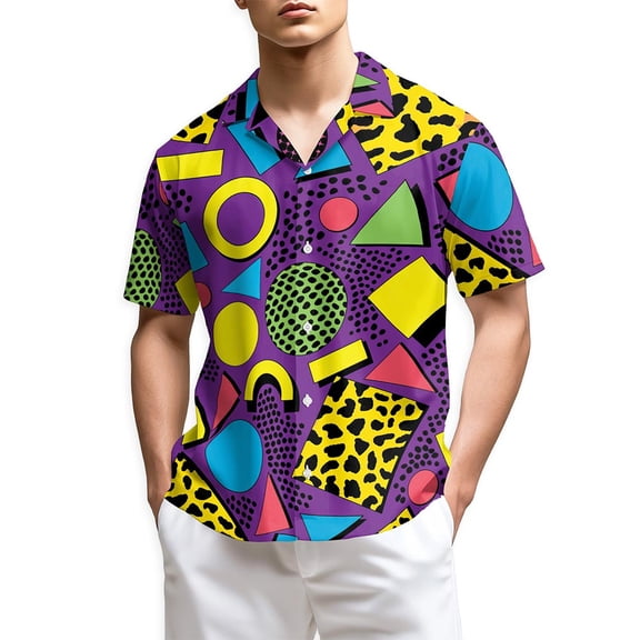 Netecom 80s Pattern Hawaiian Shirt for Men, Button Down Summer Beach Short Sleeve, Retro Style, S-5XL