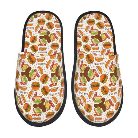 

Fuzoiu Burger Print Unisex Furry Slippers Plush Indoor Shoes Trendy House Slippers Anti-Skid EVA Sole House Shoes for Home Office and Travel -Large