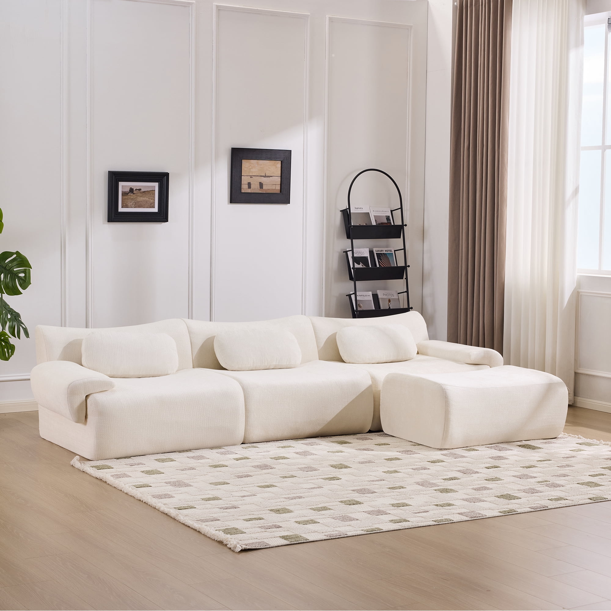 BSHTI 107.9" Chenille Sectional Sofa with 3 Pillows, Comfortable L Shaped Sofa with Premium Fabric and Modern Design for Living Room(White)