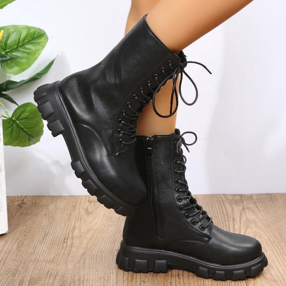 JUSLIO Winter Boots for Women,Platform Boots Round Toe Lace Up Low Heels Solid Color Ankle Boots Womens Boots,