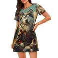 thumbnail image 1 of Saiise Chemise de Nuit à Manches Courtes Motif Feuille d'Érable Husky pour Femmes Col Rond Mignonne Robe de Nuit Confortable à Volants, 1 of 6