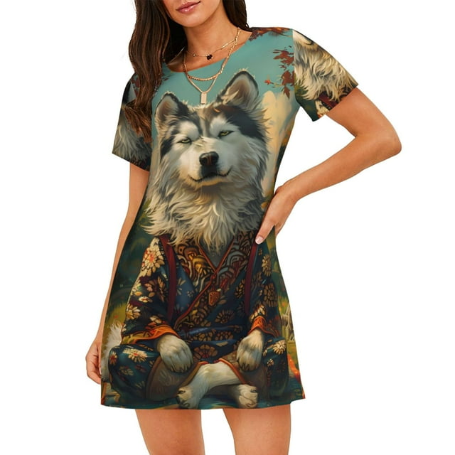 Saiise Chemise de Nuit à Manches Courtes Motif Feuille d'Érable Husky pour Femmes Col Rond Mignonne Robe de Nuit Confortable à Volants