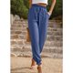 thumbnail image 5 of Pantalones largos de cintura alta para mujer, color puro, elásticos, 2 bolsillos, sencillos, cómodos, de color liso, con lazo en el tobillo, color azul M, 5 of 8