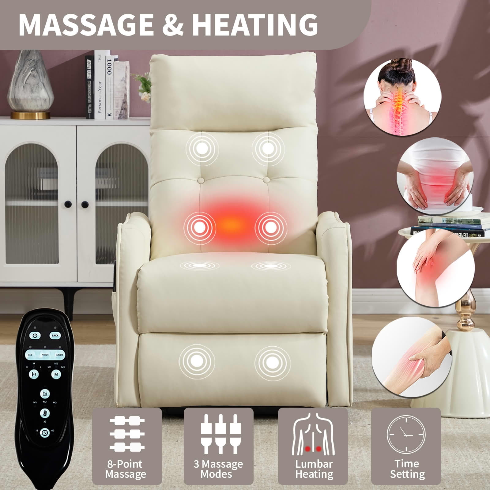 MAYEERTY Beige PU Leather Power Lift Recliner Chair, Massage Heat USB Port 25"x36"x39" for Elderly