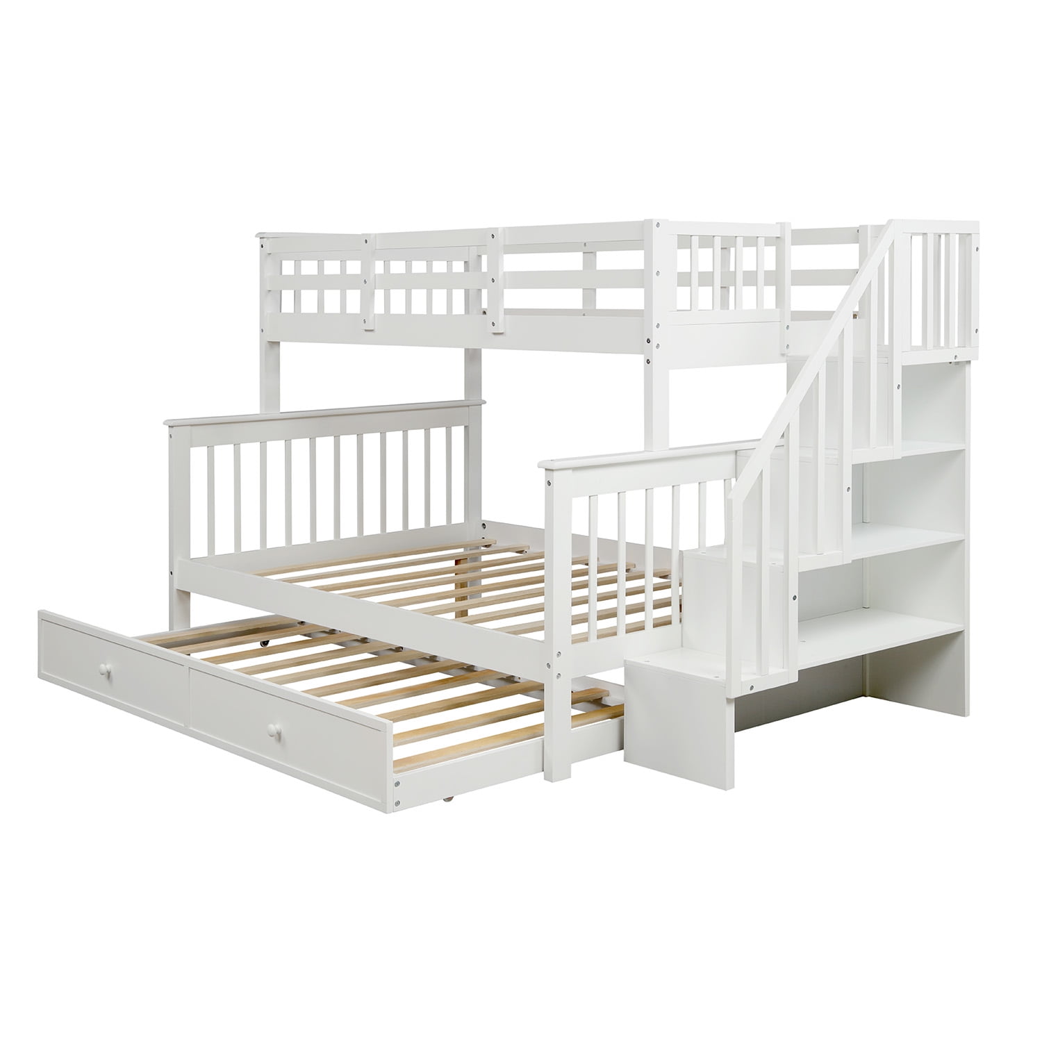 Kepooman Twin-Over-Full Modern Wooden Stairway Bunk Bed with Twin size Trundle & Storage for Bedroom Dorm, 91.73" x 54.33" x 61.4", White Kepooman Twin-Over-Full Modern Wooden Stairway Bunk Bed with Twin size Trundle & Storage for Bedroom Dorm, 91.73" x 54.33" x 61.4", White