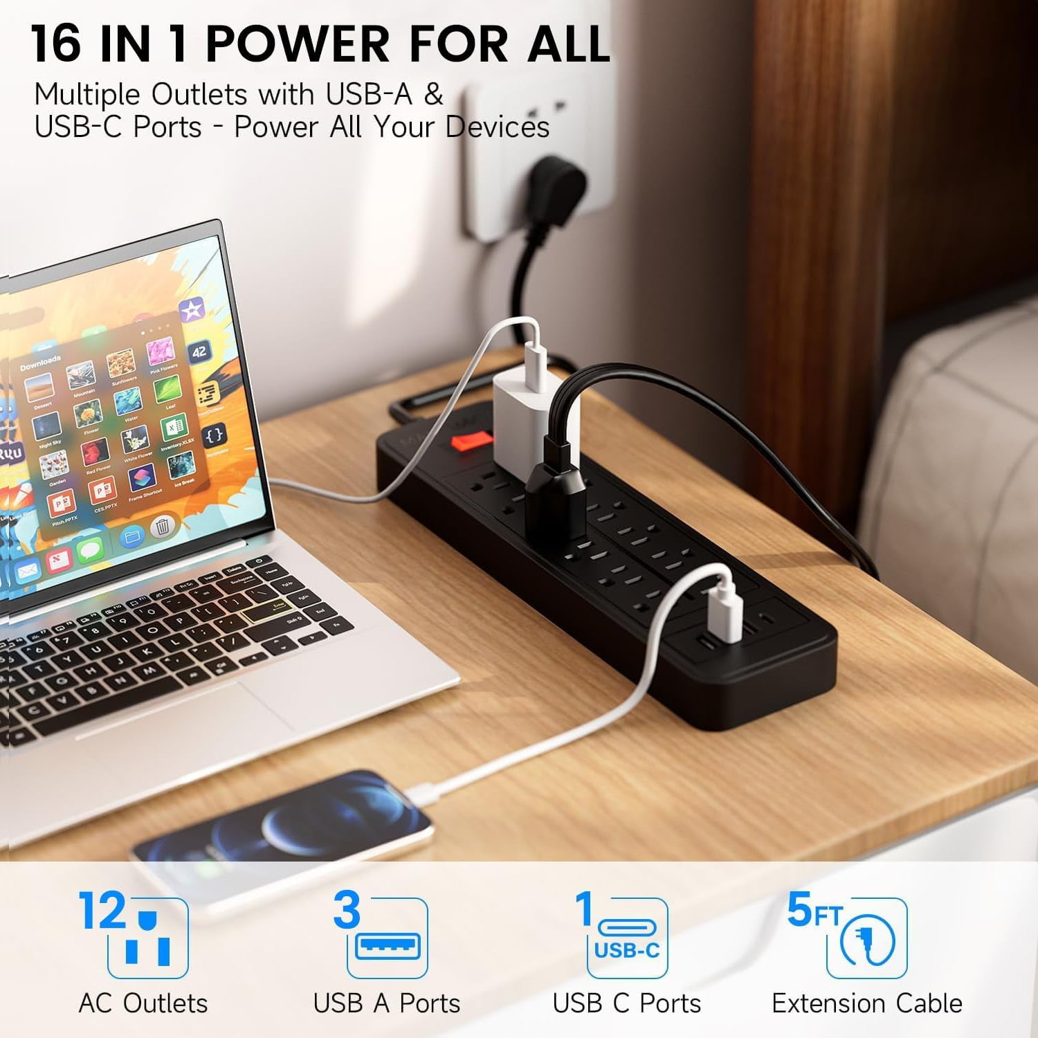 ZHANGONG Surge Protector with 12 Outlets 4 USB Ports, 2000J Power Strip, 5ft Flat Plug Extension Cord, Wall Mountable for Home and Office