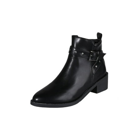 

Rotosw Women Block Heels Bootie Side Zip Ankle Boots Strap Buckle Booties Casual Chunky Heel Short Boot Office Anti-Slip Black 5