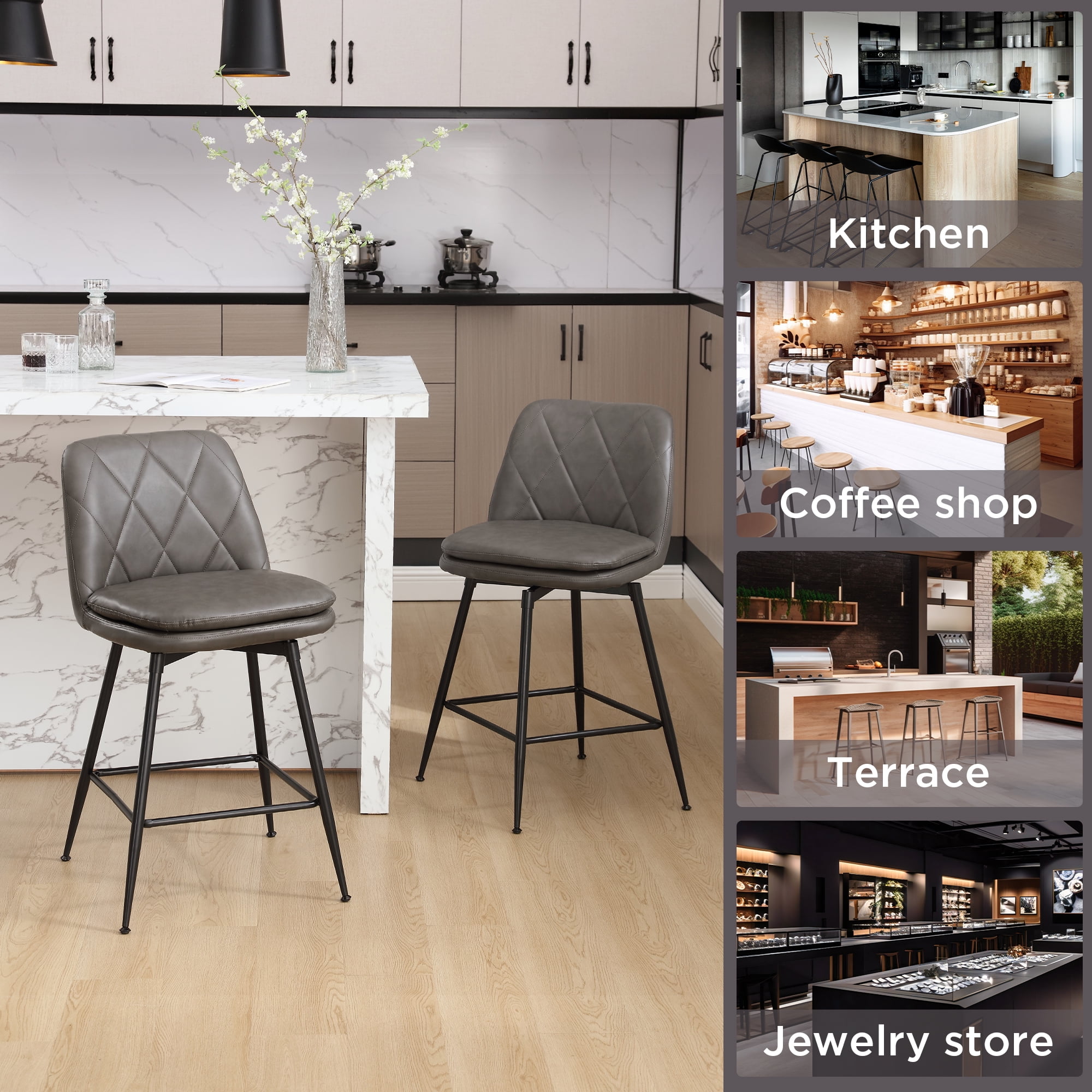 TEWLOSS 24" Counter Height Bar Stools Set of 2 Swivel Barstools Faux Leather Kitchen Chairs, Gray