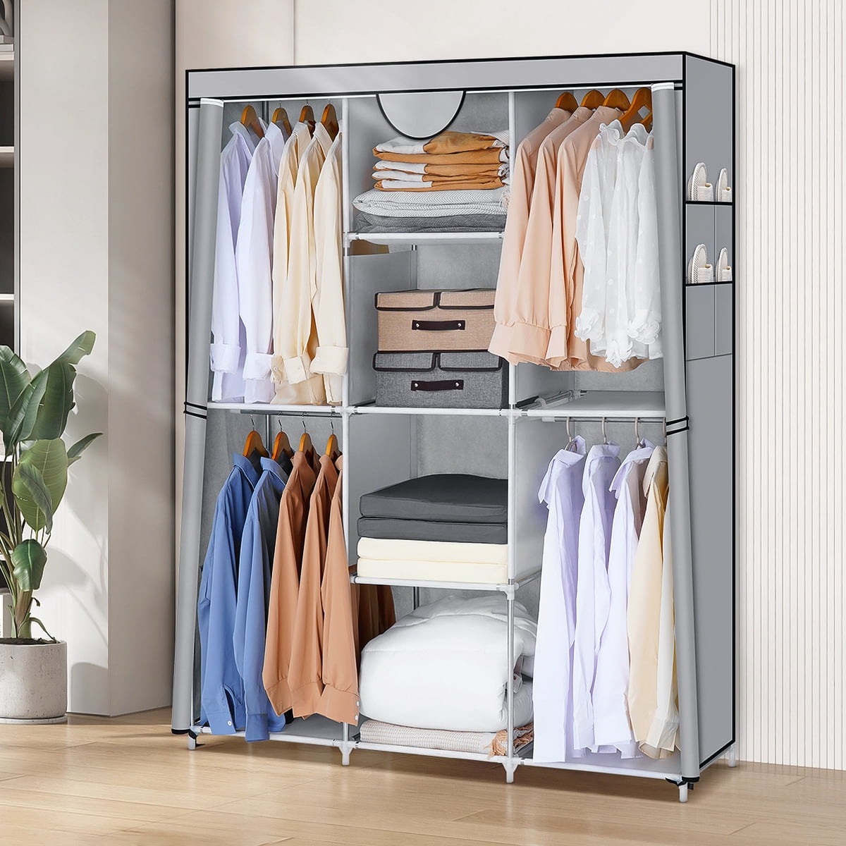 HONEIER Portable Wardrobe Closet Storage Organizer Rack with 4 Hanging Rods, 4 Shelves, 4 Side Pockets and Cover, 56.3x 73.6x 17 Inch, Large Capacity for Bedroom, Living Room, Sturdy, Grey/Black