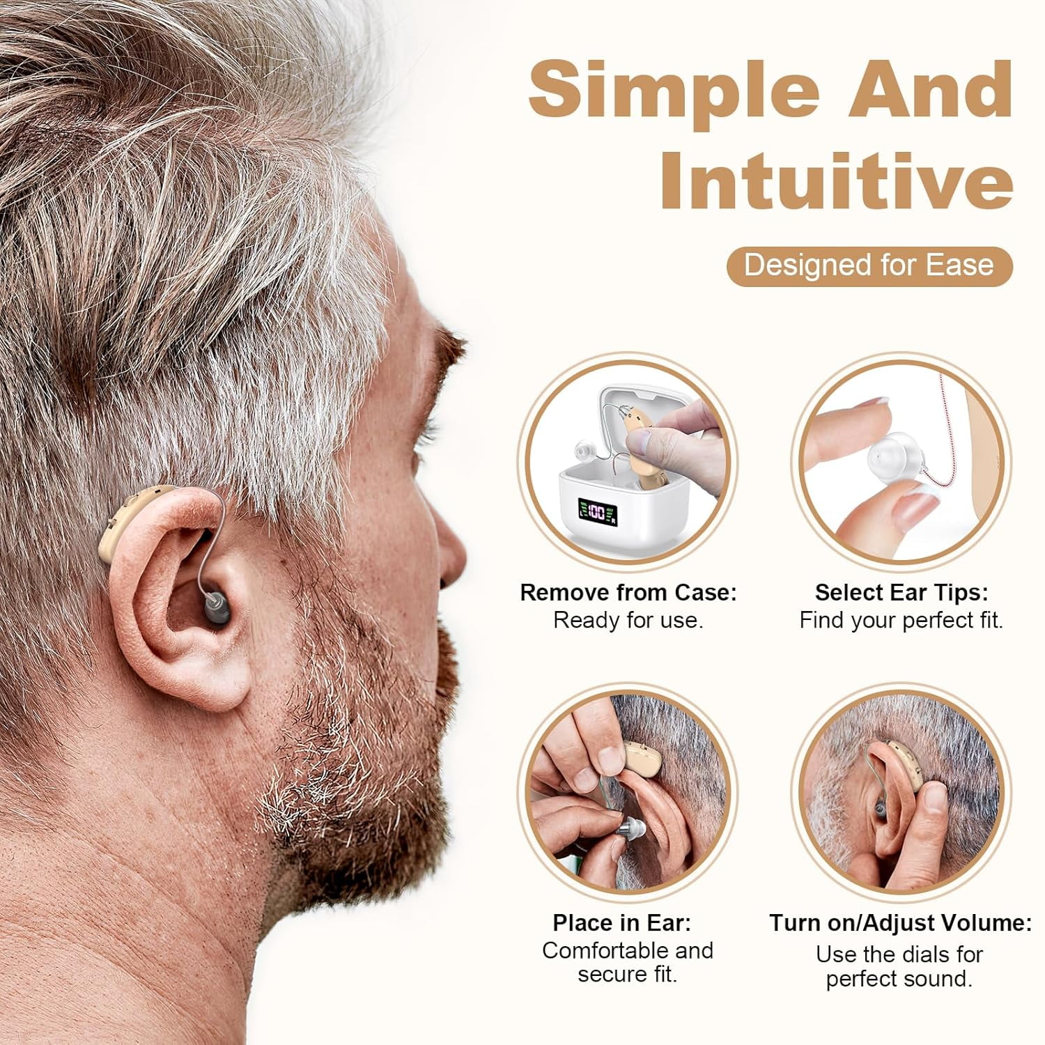 Rechargeable Hearing Aids For Seniors, Sound Amplifier With Noise Canceling Function, Digital Hearing Aid With Charging Case, Hearing Amplifier For Adults With Hearing Loss (Brown)