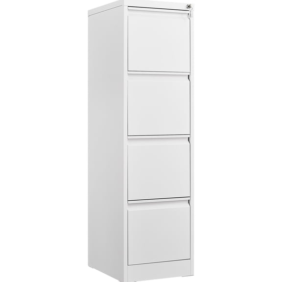 White Metal Vertical File Cabinet with 4 Drawers and Lock for Office Quick Information Retrieval