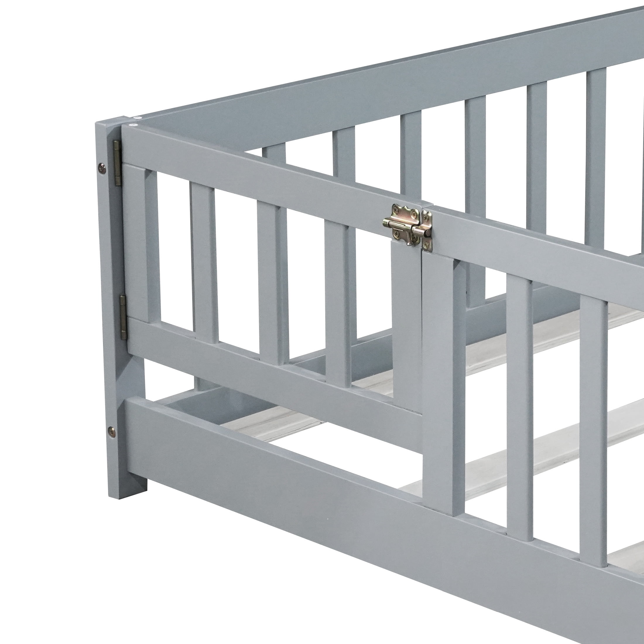 Noble House Full Floor Bed with Safety Guardrails and Door, Rubber Wood Montessori Bed, Kid's Room, Gray