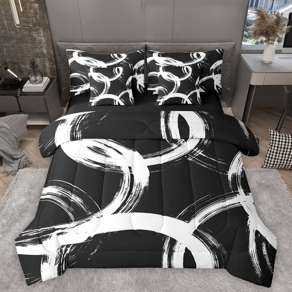 Homewish Graffiti Stripe Circular 7-Piece Twin Bedding Sets,Abstract Geometric Desgin Bedding Comforter Set,Black White Sheet Sets For Boys Kids,Breathable Home Decor Reversible