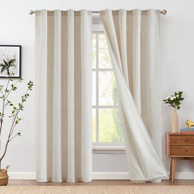 Cortinas Jinchan de lino beige, 213 cm de longitud con forro, 2 paneles