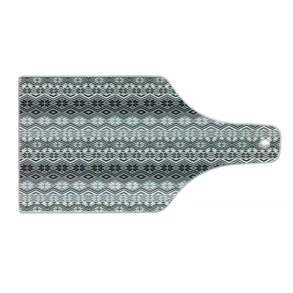 Nordic Cutting Board, Knitting Theme Chevron Pixel Art Pattern Scandinavian Ornament Classic Motifs, Tempered Glass Cutting and Serving Board, Wine Bottle Shape, Grey White Black, by Ambesonne