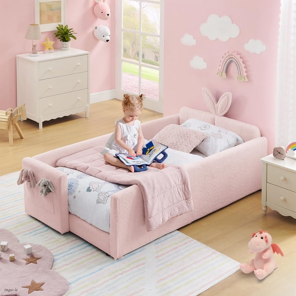 Twin Size Bed Frame with Rabbit Ear Headboard, Upholstered Boucle Fabric Twin Daybed with Slats Support & Side Pockets, Space-Saving Corner Sofa Couch Bed Frame for Girls, Boys